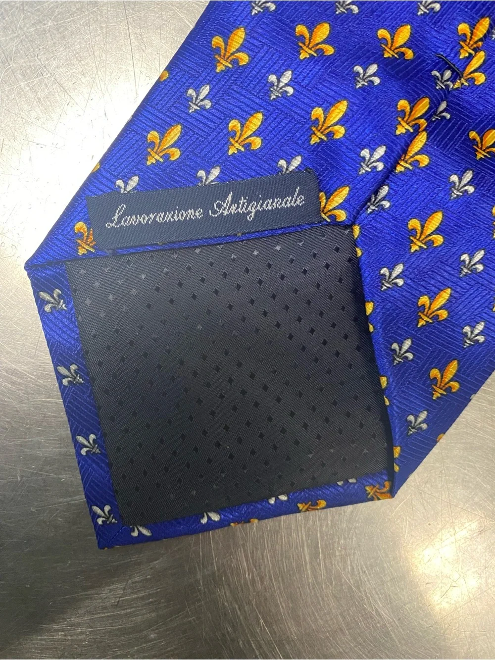 Men's Blue Tie with Gold Fleur-de-Lis Pattern